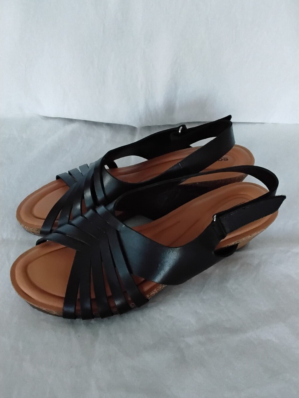 Women's Earth Hartie Black Leather Slingback Wedge Sandals